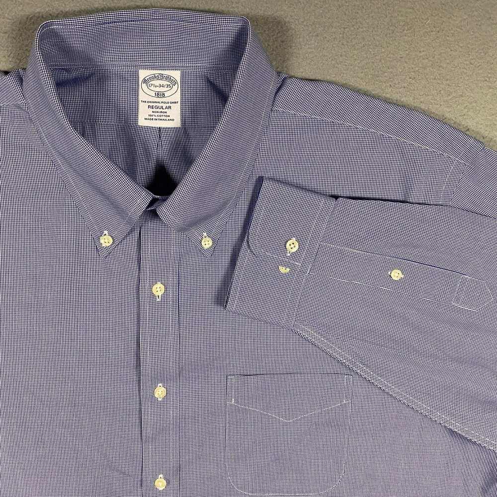 Brooks Brothers Dress Shirt Mens 17.5 34/35 Blue Micro Check Non-Iron Regular